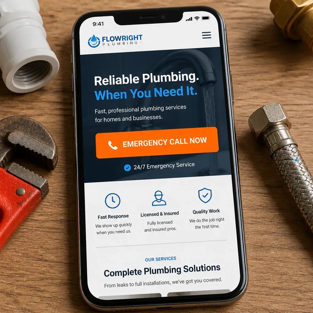 Mobile phone showing a plumbing website with a clear Click-to-Call button