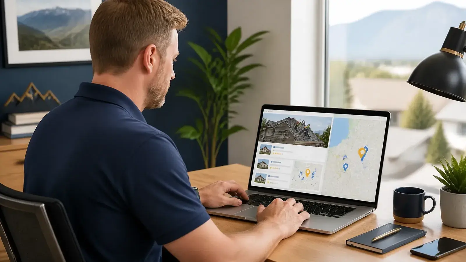 Roofing business owner reviewing Google Business Profile and local map results on a laptop
