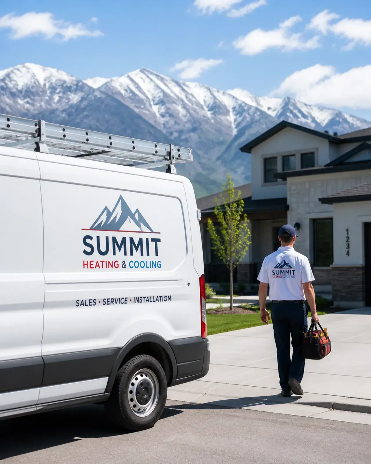An HVAC service van in a Utah neighborhood with the mountains in view
