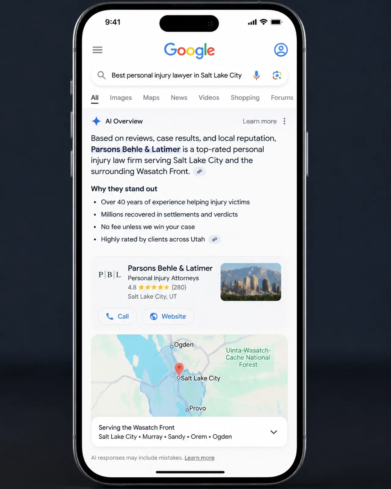 A 3D render of a smartphone showing a Google Search AI Overview for a Salt Lake City lawyer