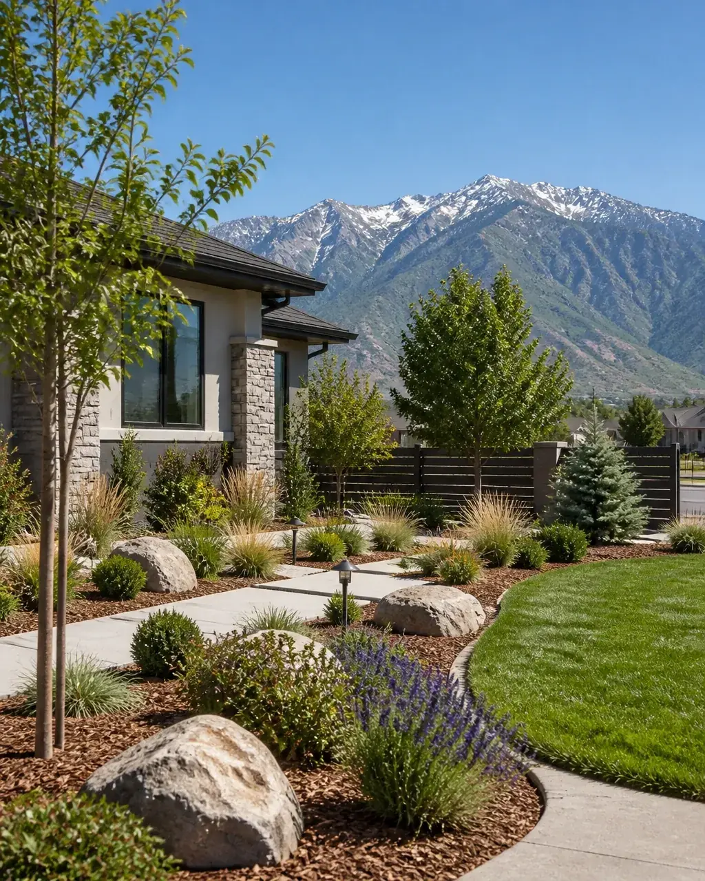 Water-wise residential landscaping project in Utah with native plants and decorative stone