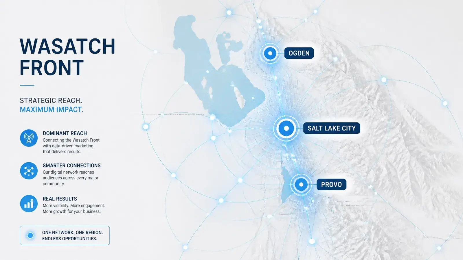A minimalist map of the Wasatch Front highlighting Salt Lake City and Provo with digital connection nodes