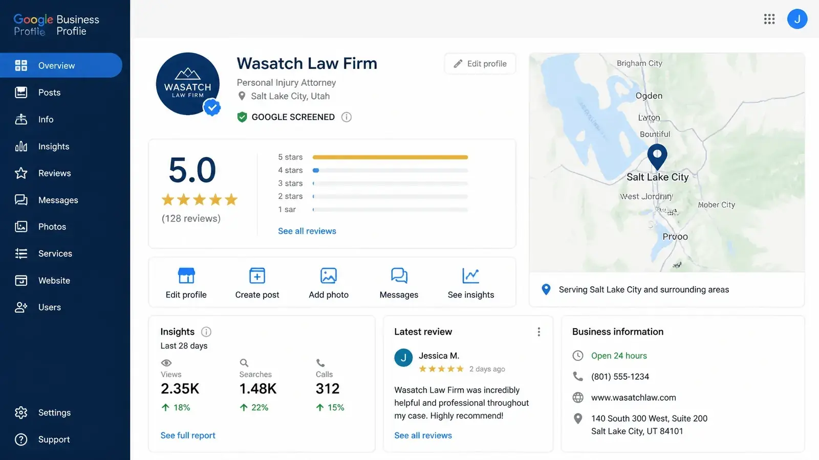 A clean, professional digital illustration of a Google Business Profile dashboard for a Utah law firm