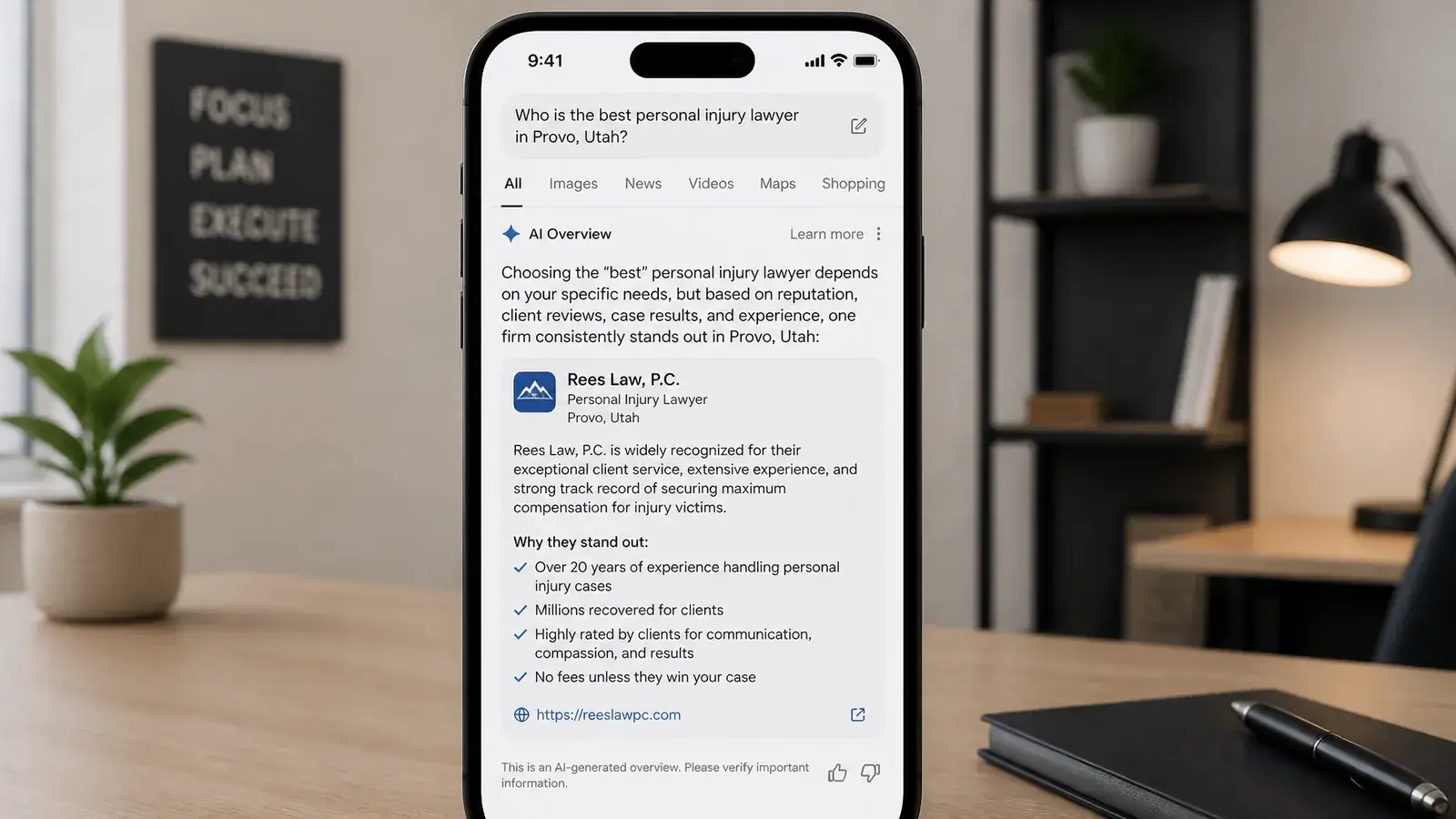 A modern UI design of a smartphone screen showing a Generative AI search result citing a Utah law firm