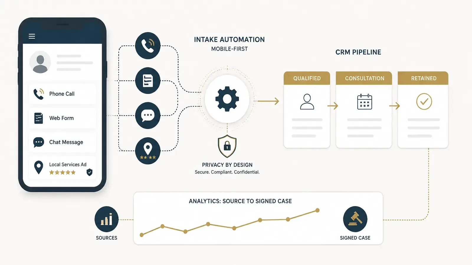 Mobile-first law firm intake automation routing calls, forms, chats, and ad leads into a trackable CRM
