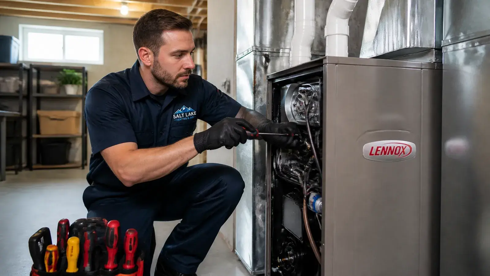 Professional HVAC technician working on a modern high-efficiency furnace in a clean Salt Lake City basement home
