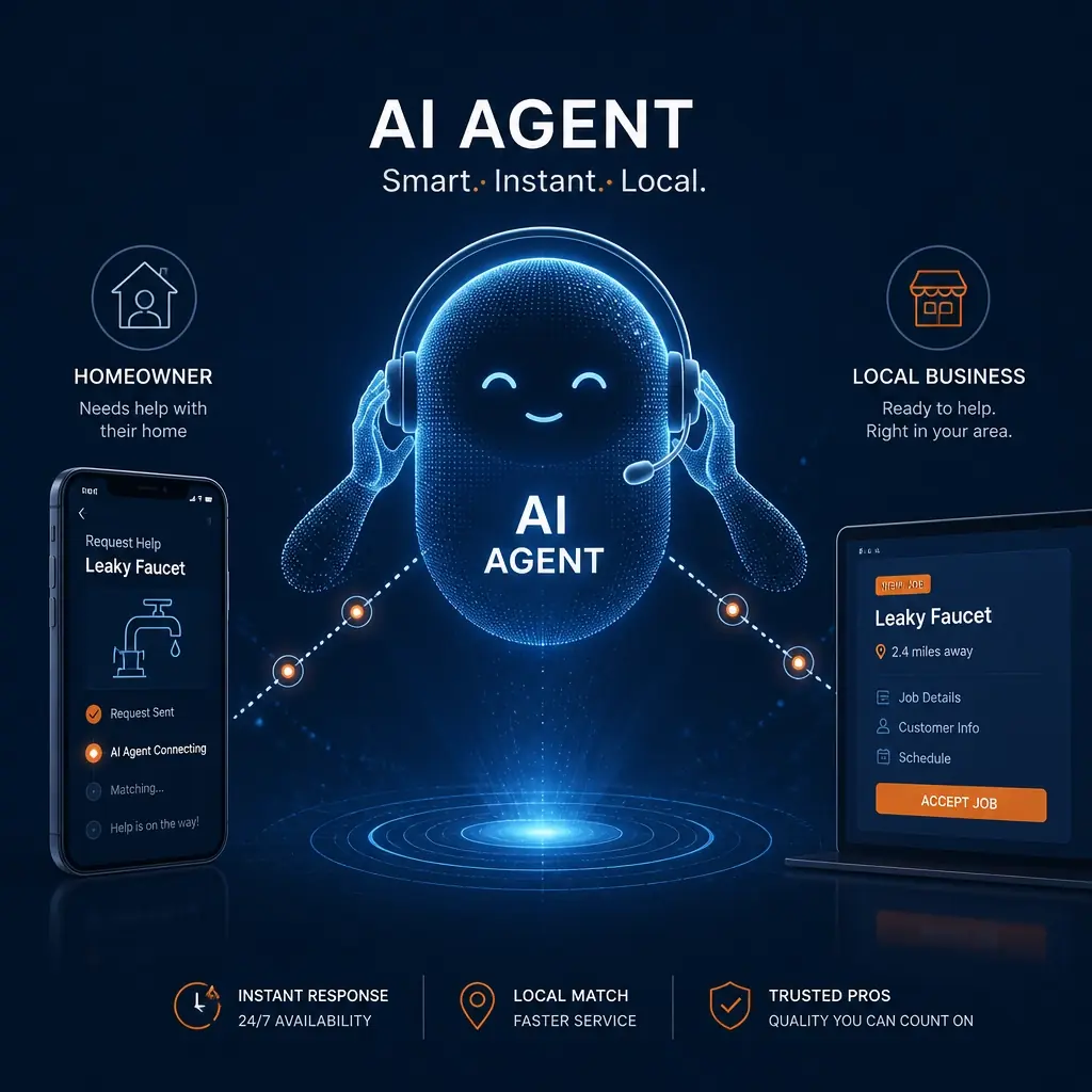 Minimalist illustration of a digital AI agent connecting a homeowner to a local business.