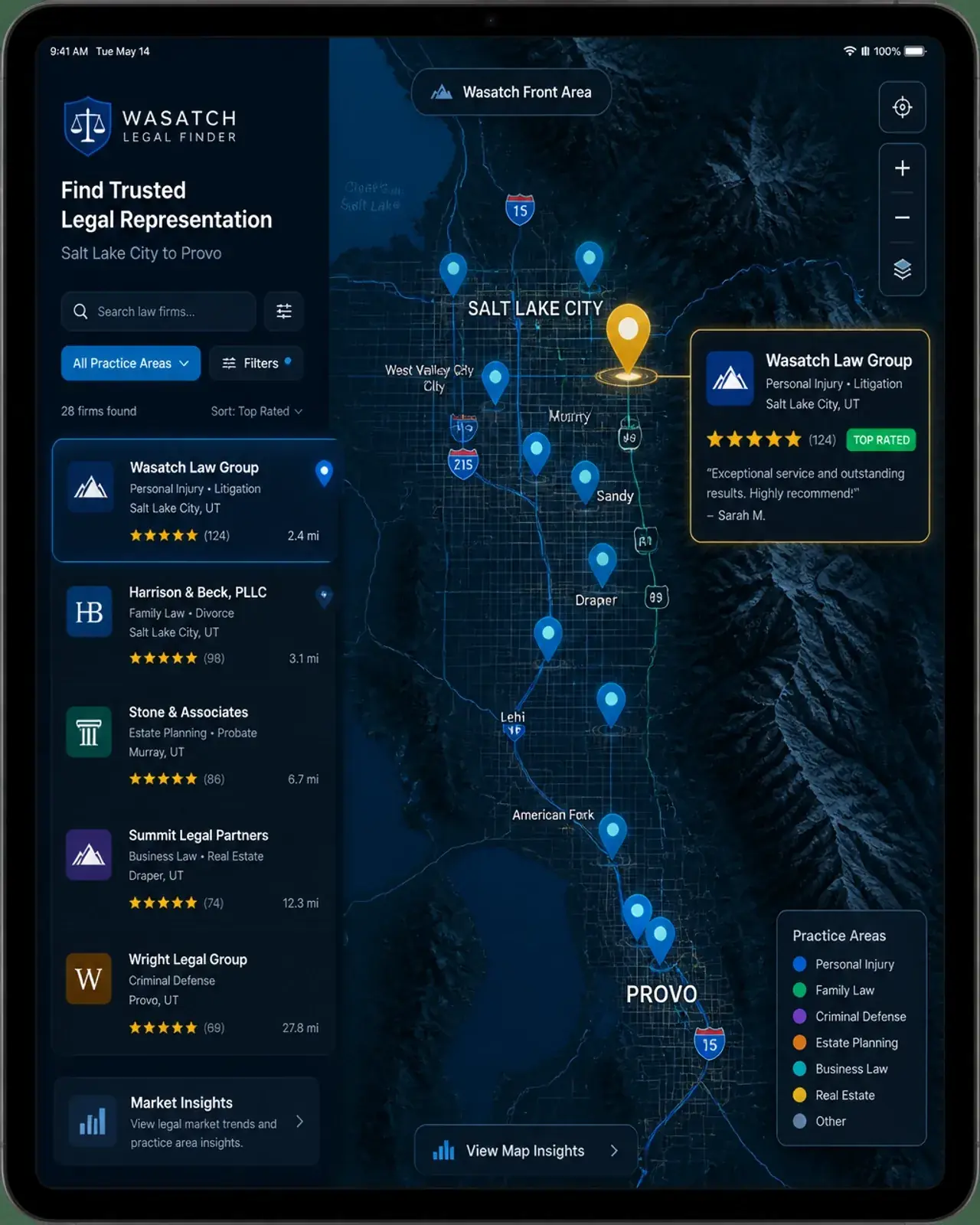 Map of Salt Lake City and Provo with law firm pins and 5-star review badges