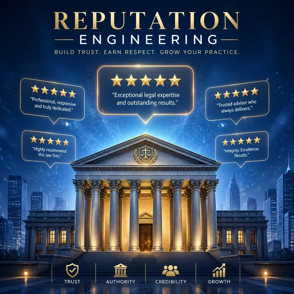An abstract representation of Reputation Engineering with glowing 5-star reviews above a judicial building