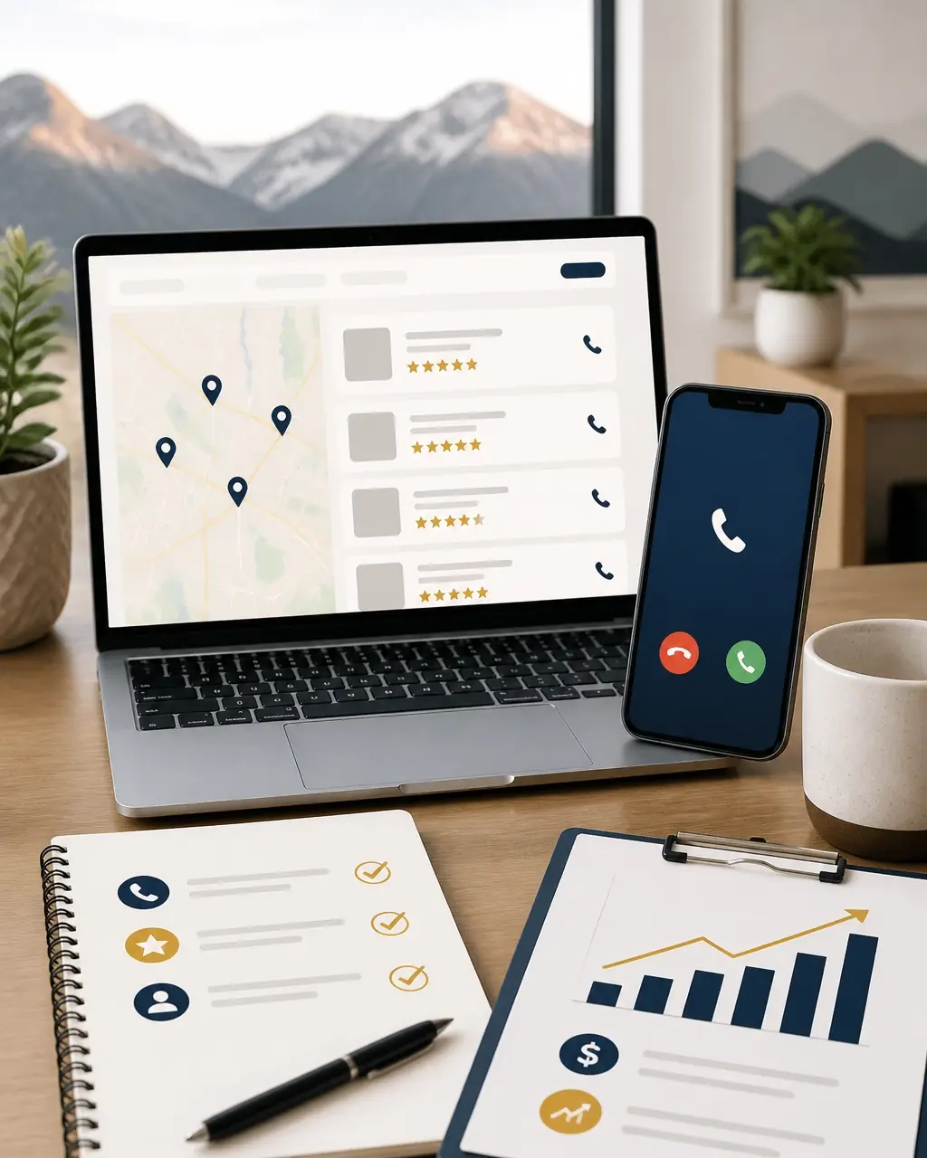 Marketing dashboard concept showing local search visibility, reviews, lead capture, and revenue tracking