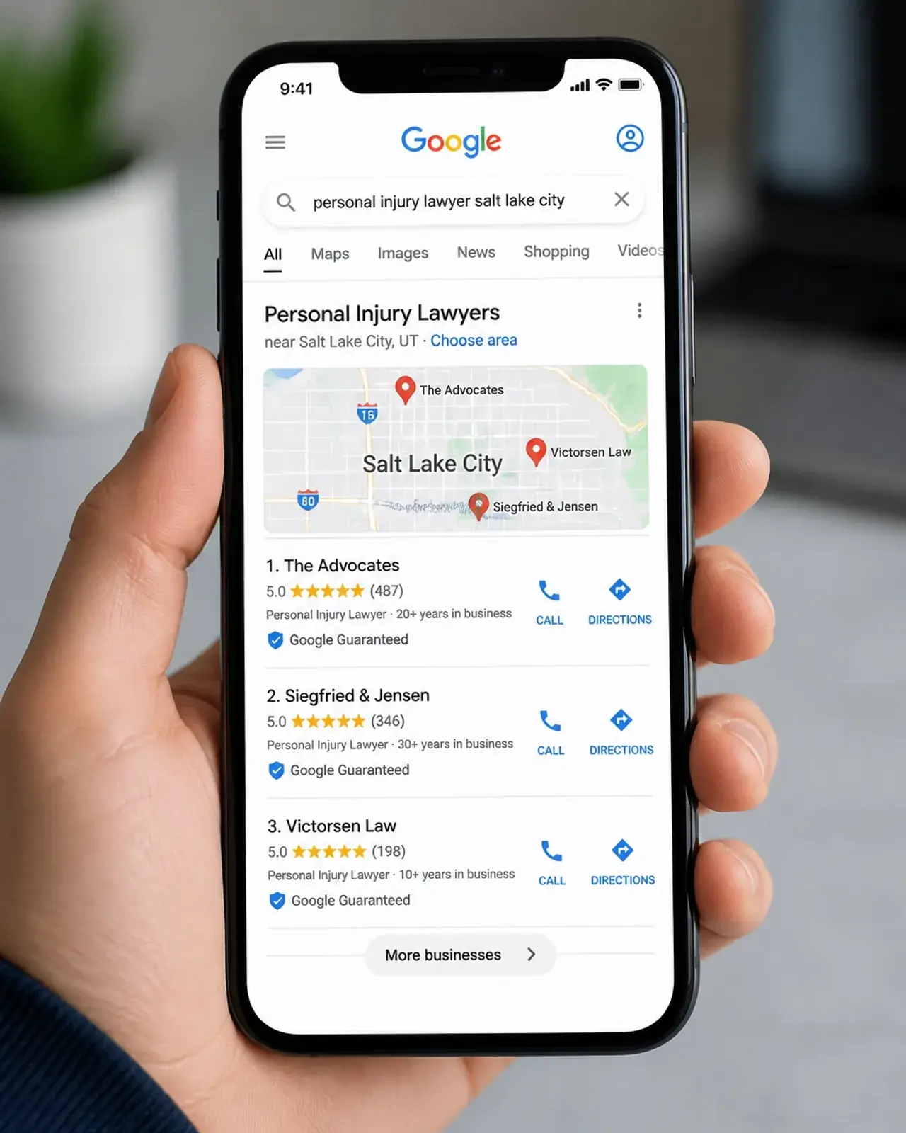 A 3D visualization of a Google Maps interface on a smartphone showing a Map Pack of law firms in Salt Lake City.