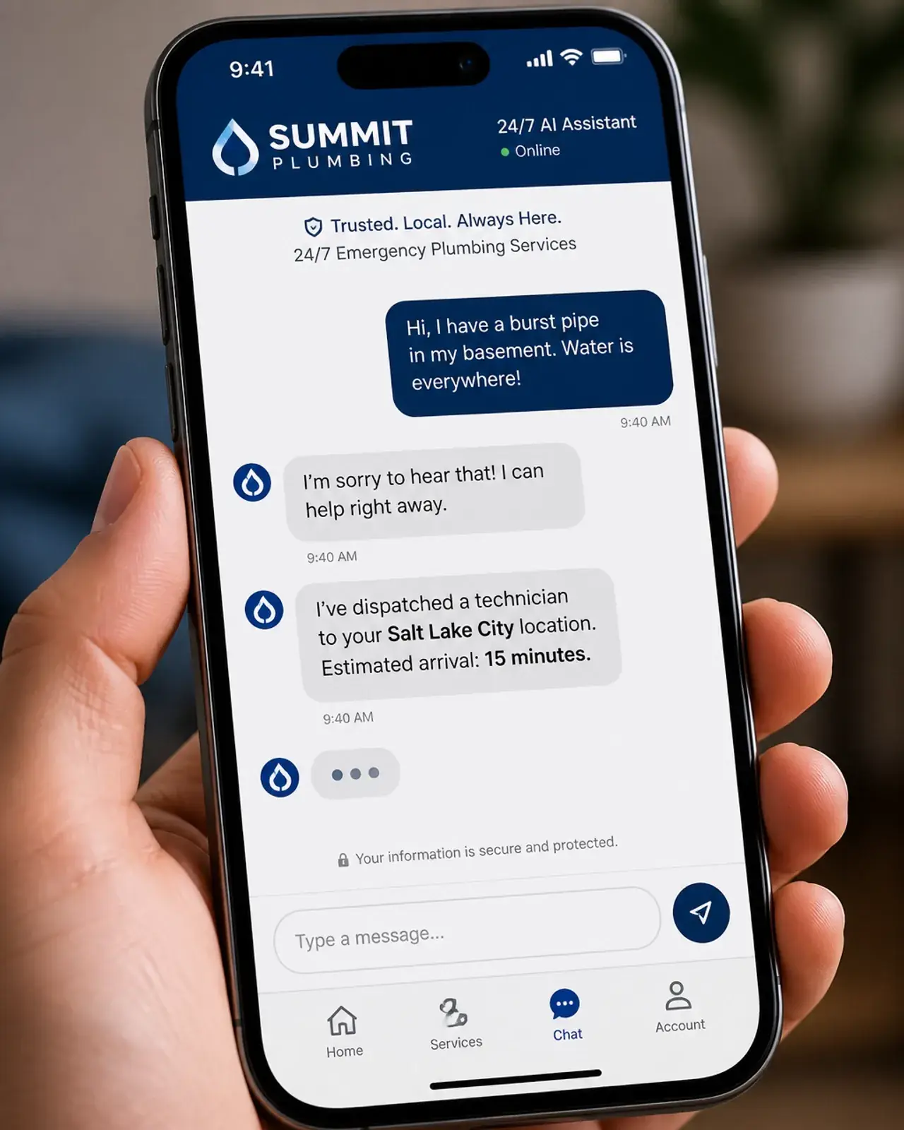 A high-quality close-up of a smartphone screen displaying a 24/7 AI chatbot interface for a plumbing company handling an emergency call.