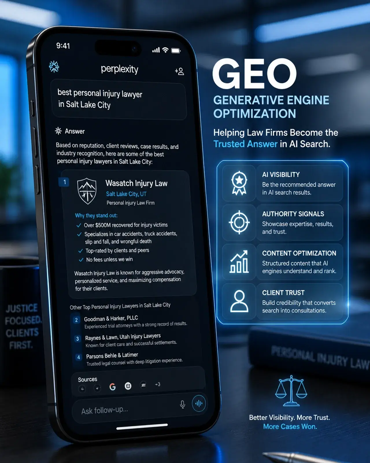 A smartphone showing an AI search result for a Salt Lake City lawyer