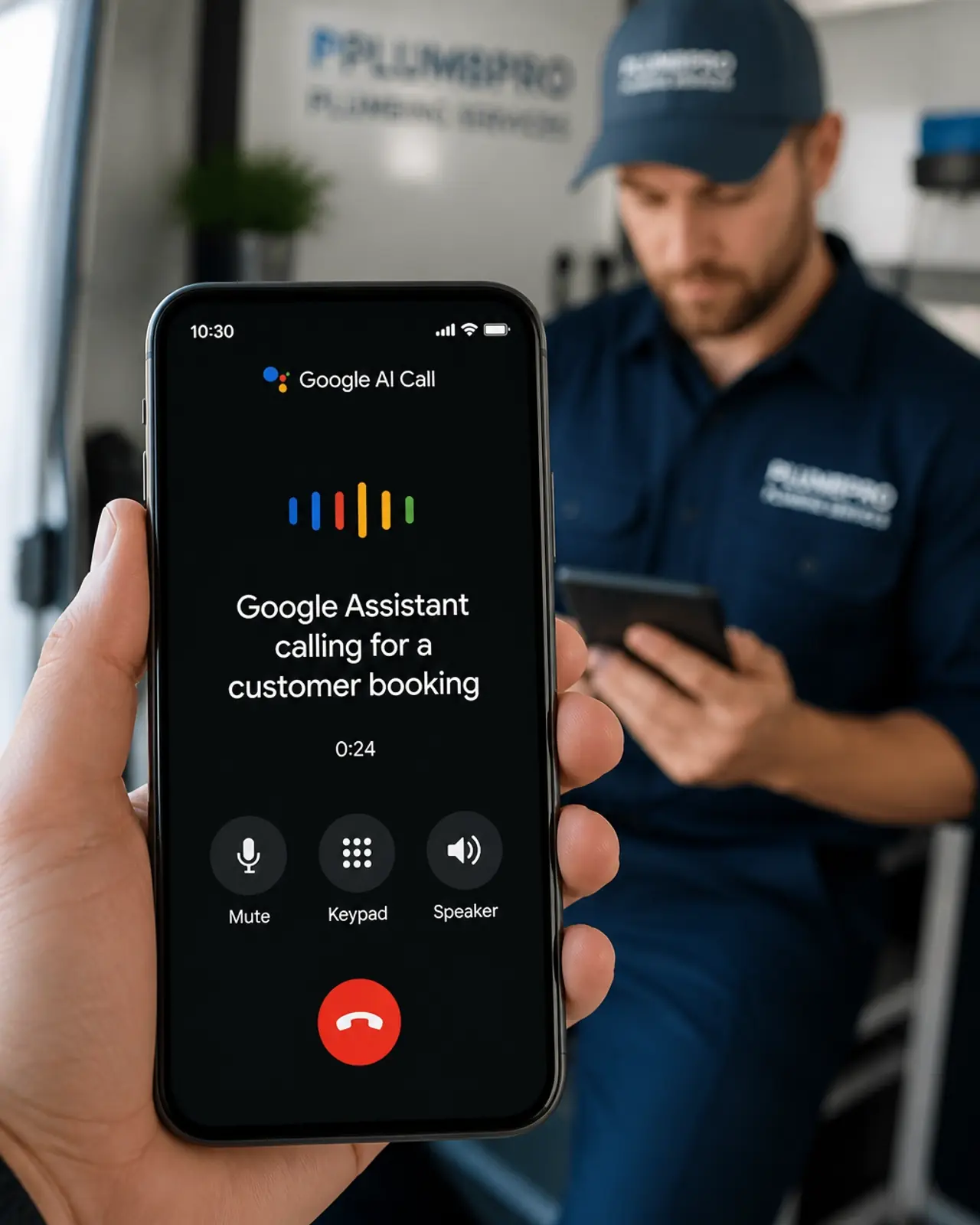 A smartphone screen showing a 'Google AI Call' in progress with a plumber in the background.