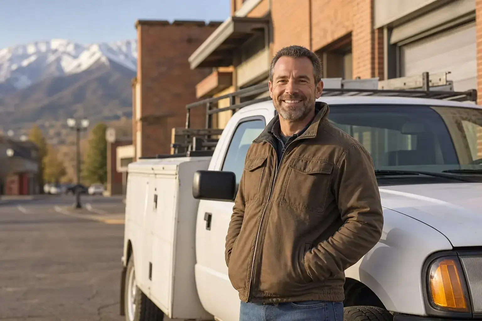 Local business owner standing beside his work truck