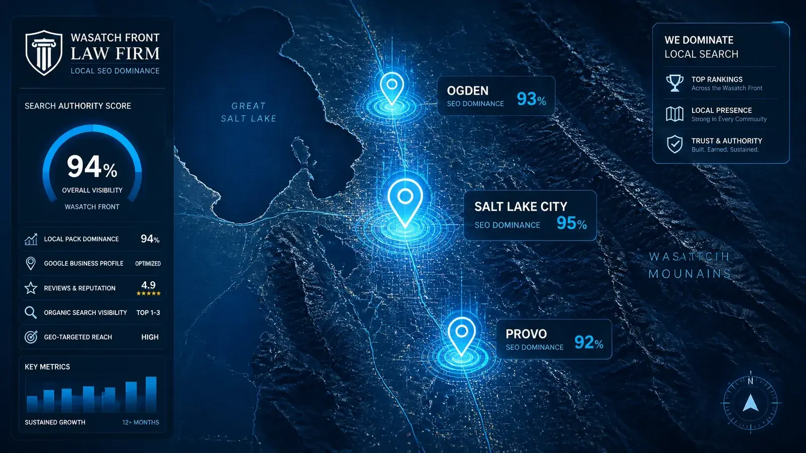 A stylized digital map of the Utah Wasatch Front representing local SEO dominance