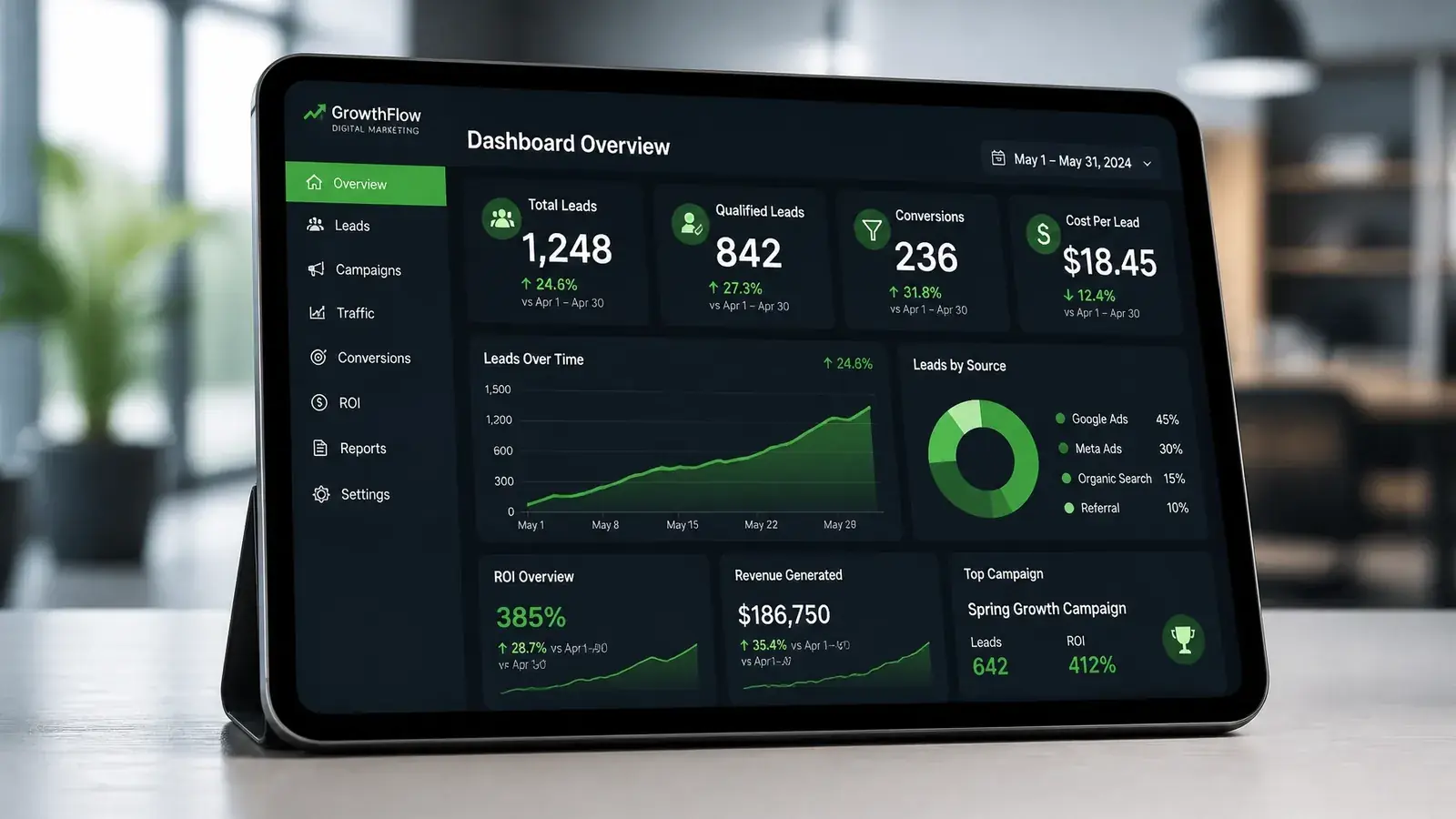 A digital marketing dashboard showing growth and lead metrics