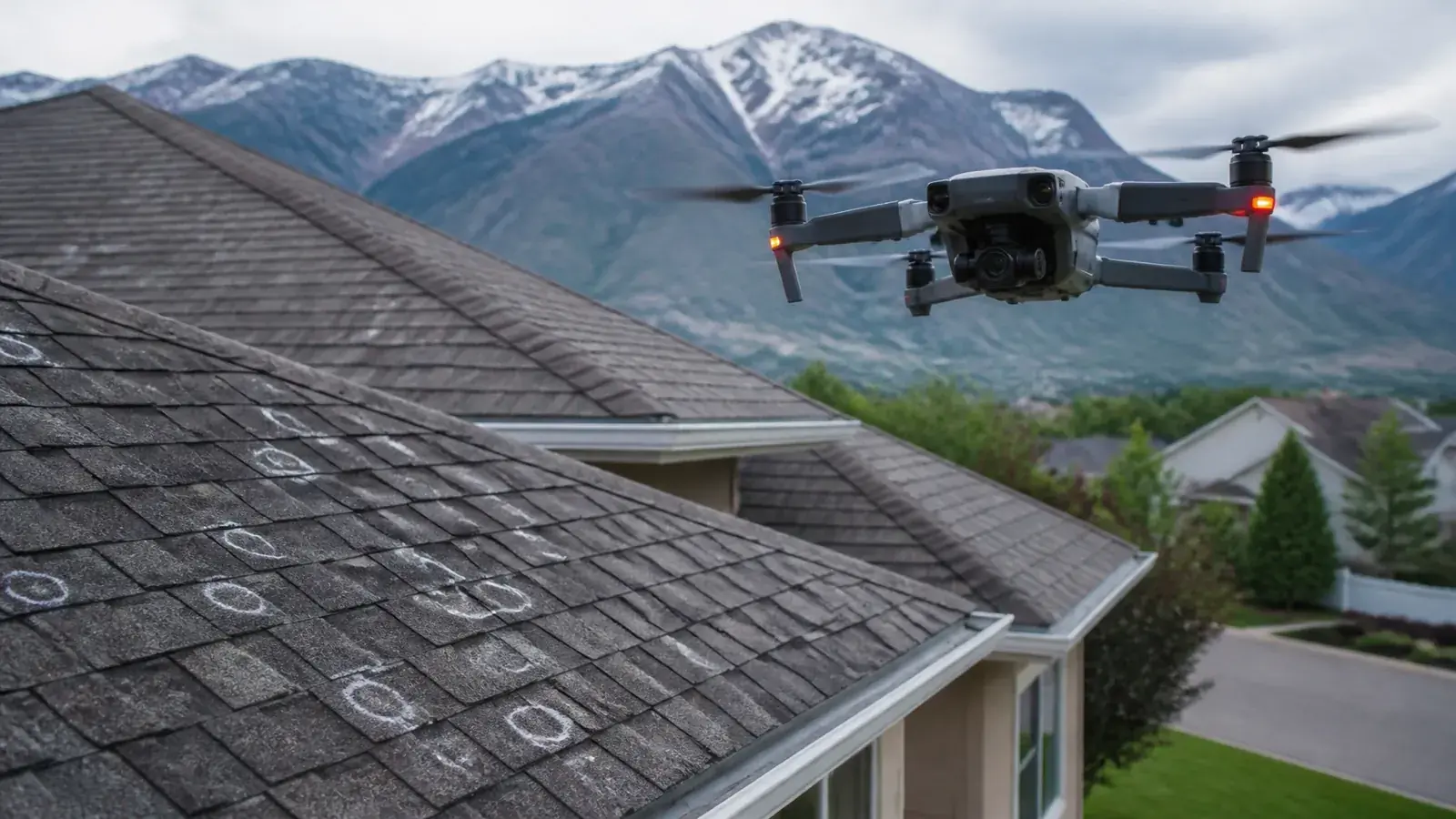 A high-tech drone inspecting hail storm damage on a residential roof in Utah