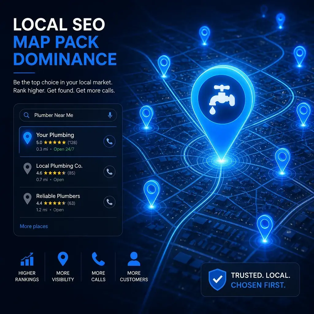 Abstract digital map showing local SEO pins and map pack dominance