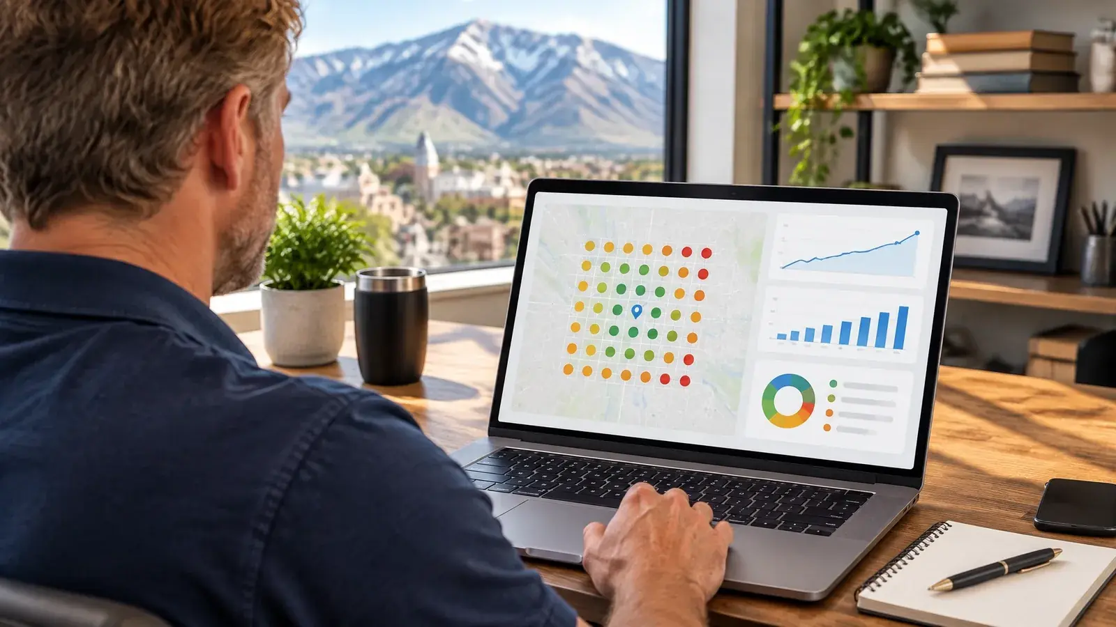Local SEO performance dashboard on a laptop, showing a map grid and ranking markers