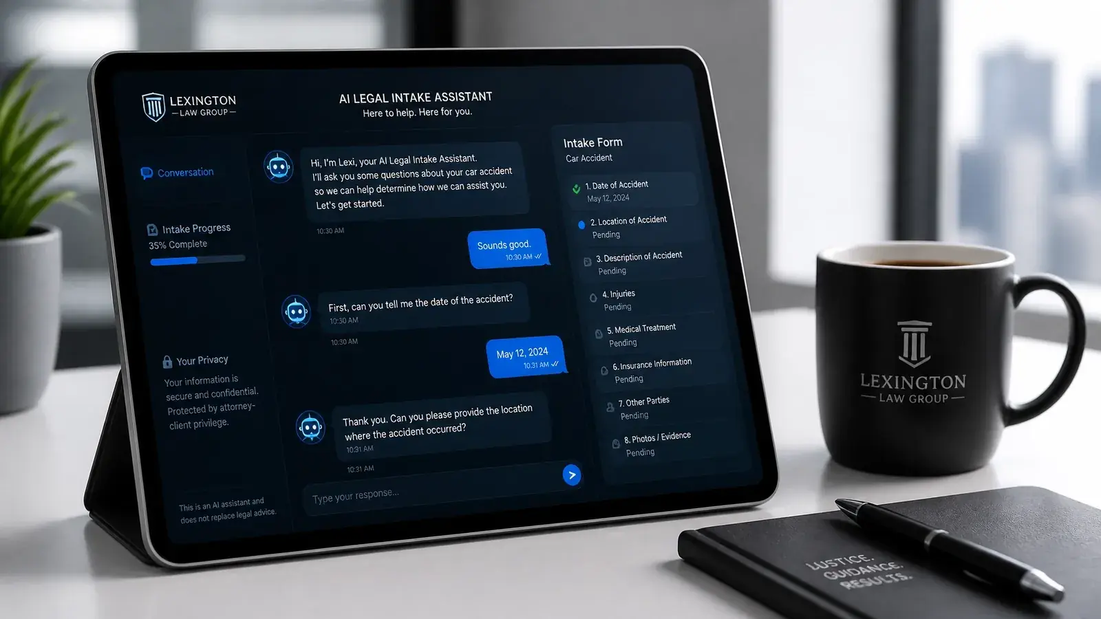 A futuristic visual of an AI legal intake chatbot on a tablet being used by a client