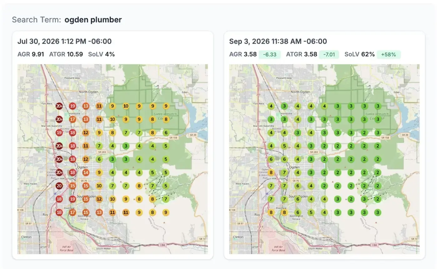 Example local SEO ranking grid results for an Ogden plumbing business