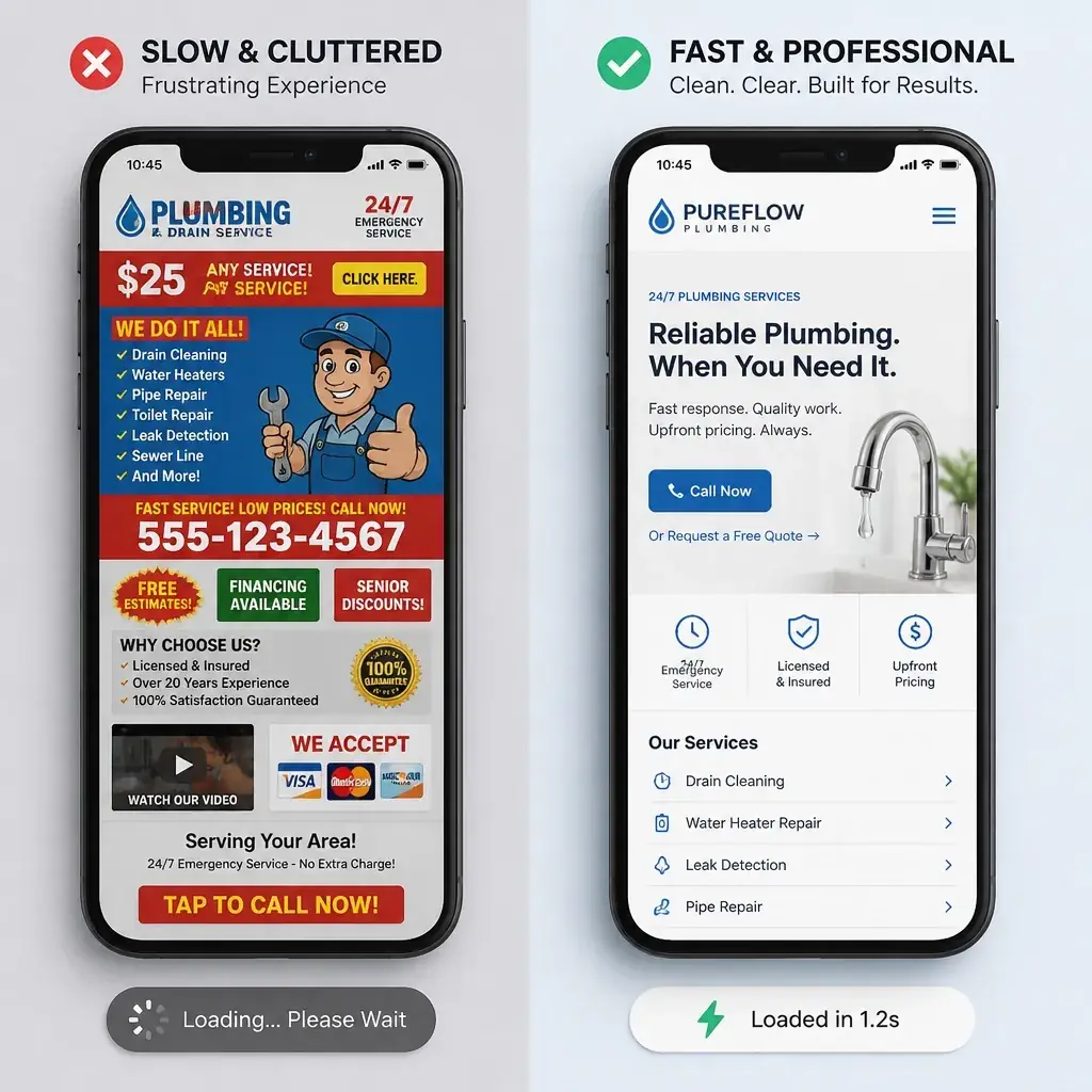 Comparison of a slow website versus a fast, optimized plumbing site