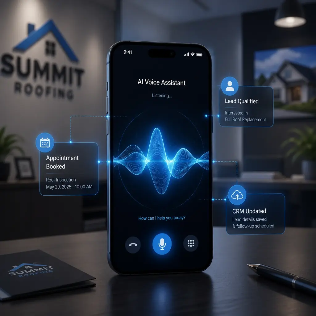 AI voice bot interface showing a roofing lead being qualified and an inspection being booked