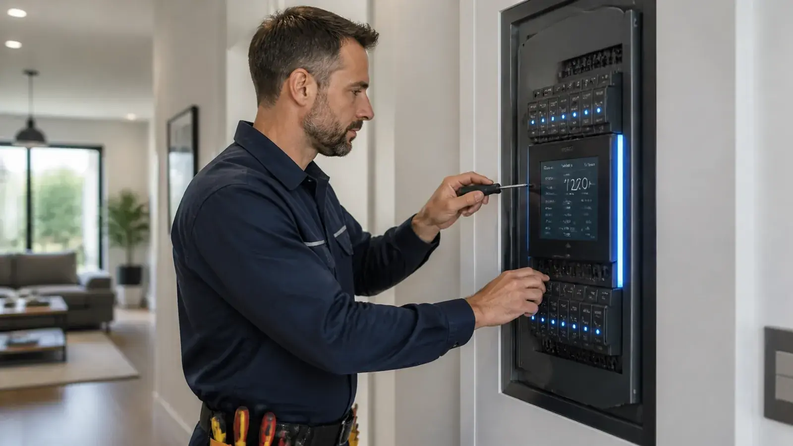 Electrician installing a modern smart electrical panel