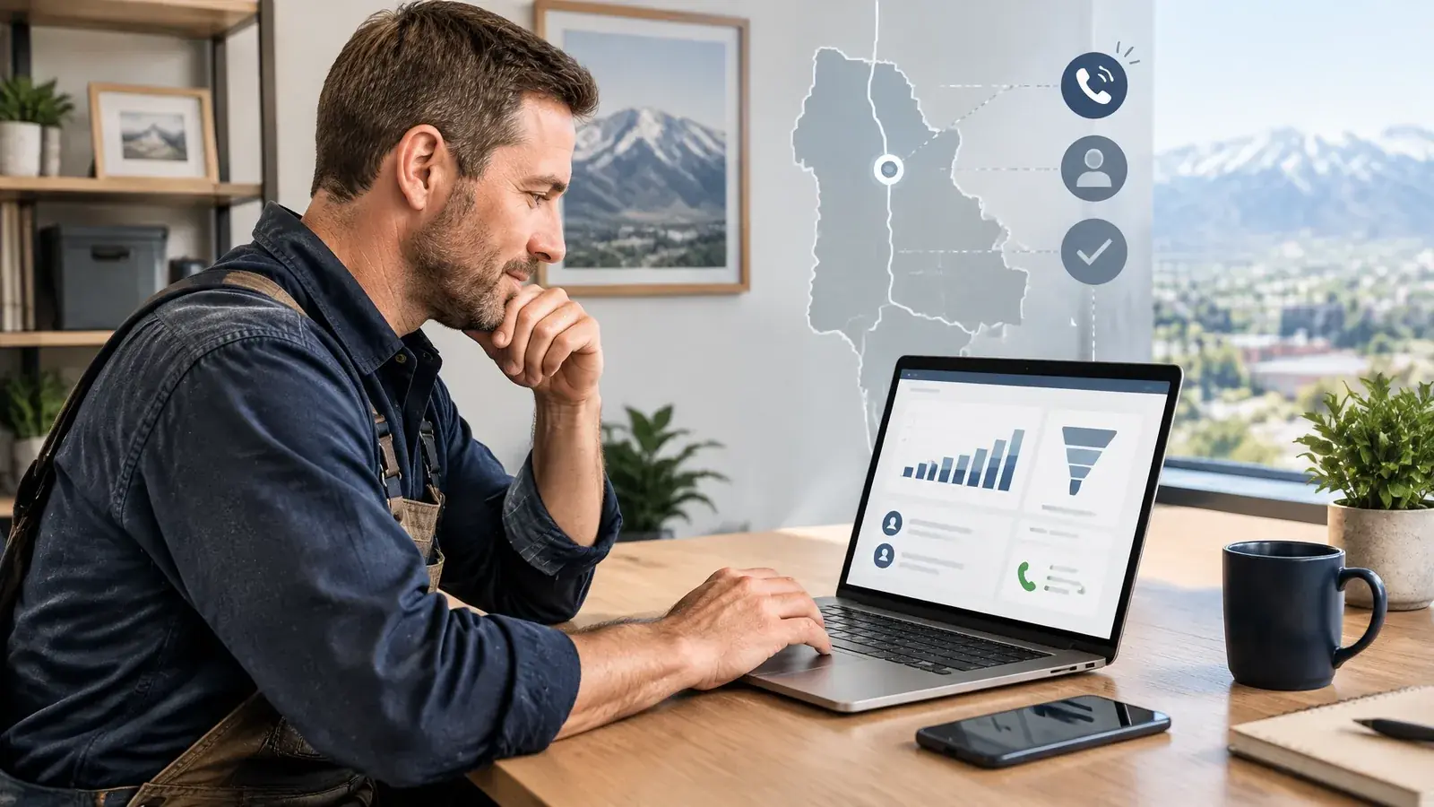 Ogden-area home service business owner reviewing marketing leads at a desk