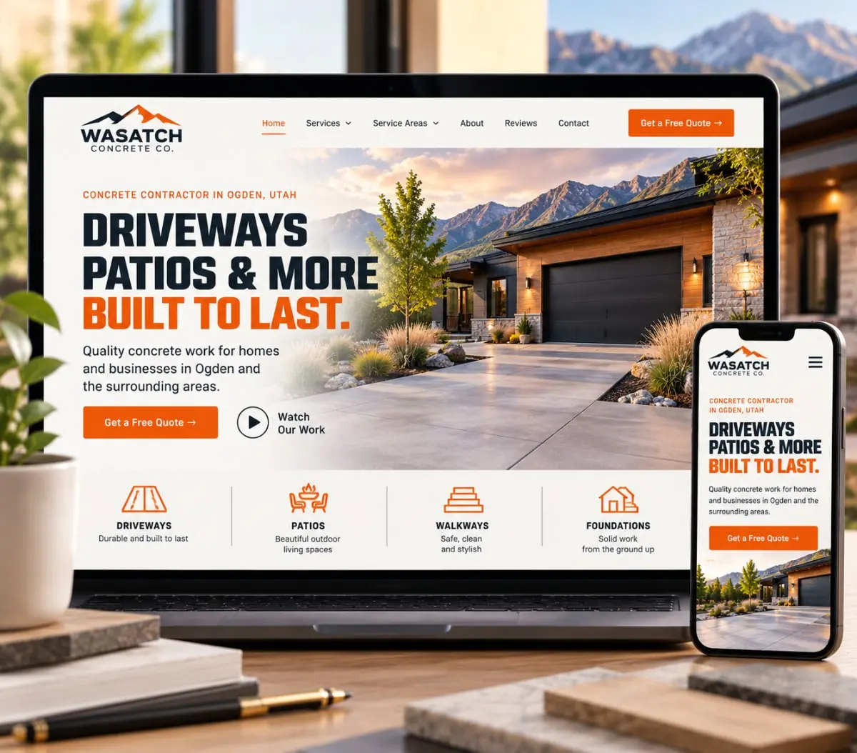 Wasatch Concrete Co. website on a laptop and phone