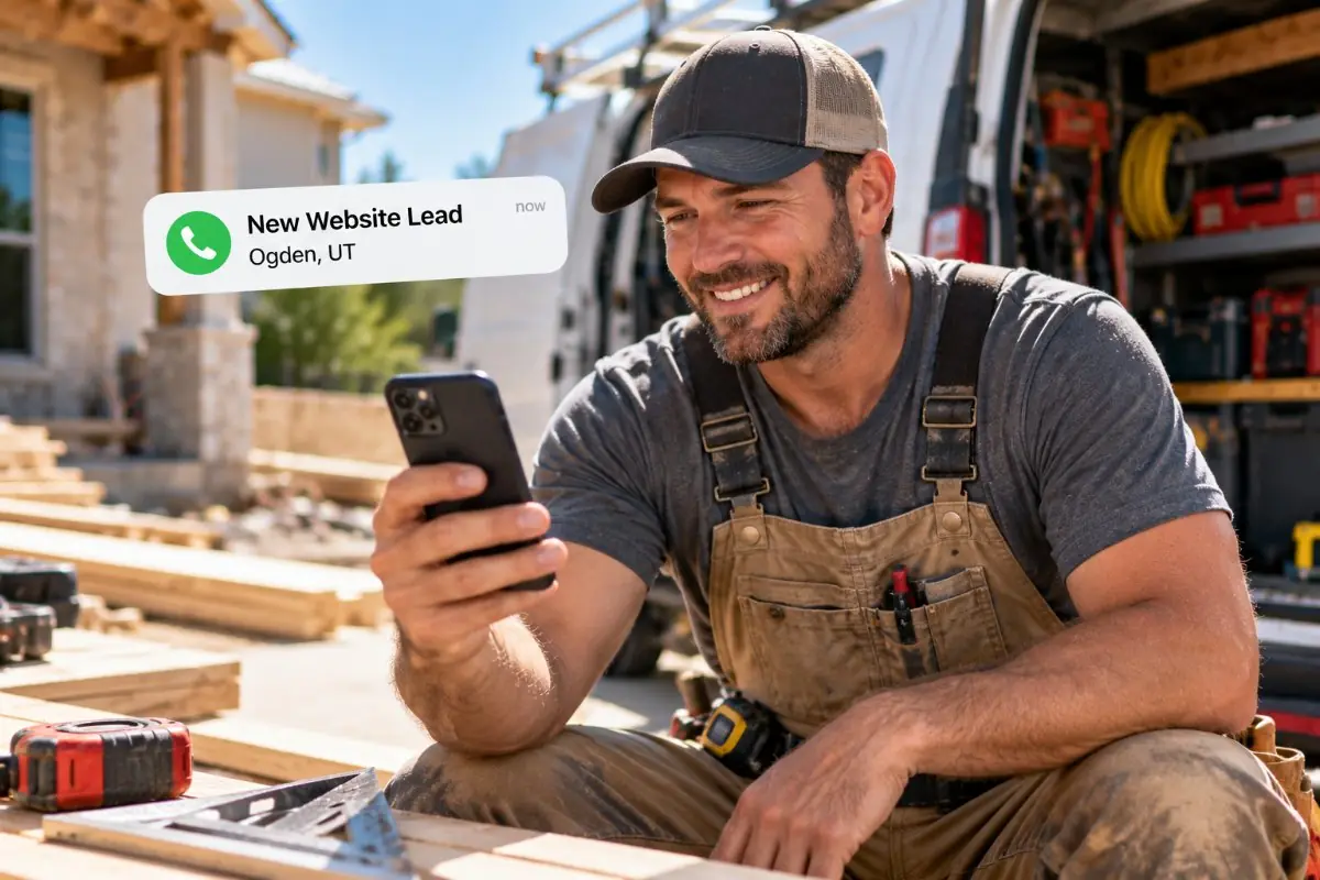 Contractor receiving a new website lead on his phone