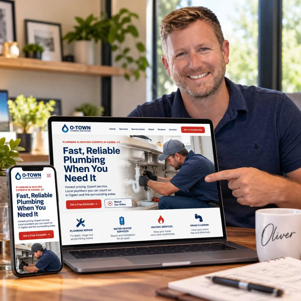 Oliver showing a client website on a laptop and phone
